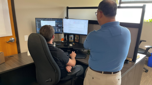 Employees reviewing work on computer